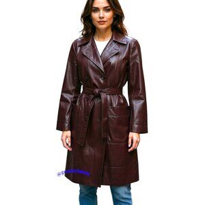 Etienne Aigner Vintage 70s Burgundy Leather Belted Trench Coat Jacket Size 8